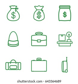 Bag icons set. set of 9 bag outline icons such as money sack, lugagge weight, case, money sack