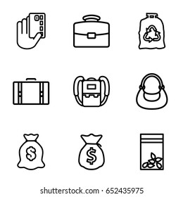 Bag icons set. set of 9 bag outline icons such as backpack, money sack, suitcase, case