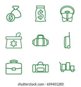 Bag icons set. set of 9 bag outline icons such as suitcase, luggage, case