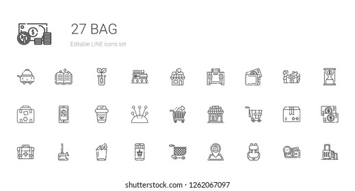 bag icons set. Collection of bag with backpack, shop, shopping cart, online shopping, paper bag, wiping, first aid kit, trolley, clothing shop. Editable and scalable bag icons.