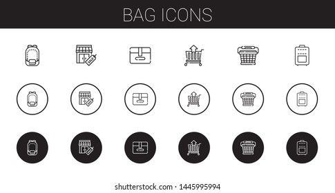 bag icons set. Collection of bag with backpack, stores, package, cart, basket, suitcase. Editable and scalable bag icons.