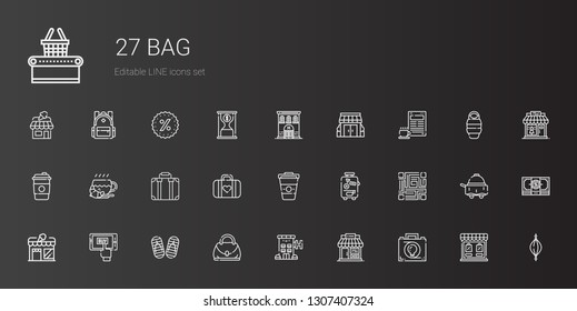 bag icons set. Collection of bag with briefcase, shop, hotel, hand bag, flip flop, mobile shopping, store, qr code, suitcase, coffee, luggage. Editable and scalable icons.