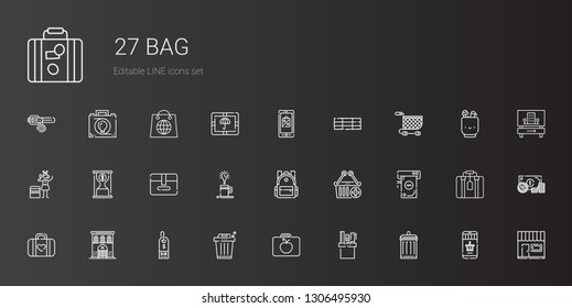 bag icons set. Collection of bag with garbage, pencil case, lunchbox, trash, supermarket, hotel, luggage, money, e commerce, backpack, coffee. Editable and scalable bag icons.