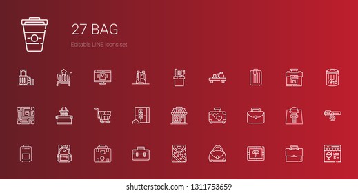 bag icons set. Collection of bag with package, hand bag, briefcase, luggage, backpack, suitcase, portfolio, clothing shop, wheat flour, trolley. Editable and scalable icons.