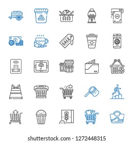 bag icons set. Collection of bag with shopping cart, wheat flour, popcorn, cart, promotion, basket, paper bag, e commerce, wallet, supermarkets. Editable and scalable bag icons.