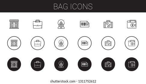 bag icons set. Collection of bag with store, briefcase, candy machine, bars code, luggage, wallet. Editable and scalable bag icons.