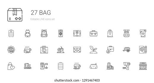 bag icons set. Collection of bag with suitcase, pencil case, coffee, trolley, online shopping, mall, supermarkets, portfolio, sprout, boxers. Editable and scalable bag icons.