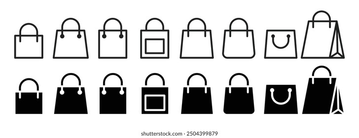 Bag icons set. sale shop paper bag vector symbol. mall or store merchandise gift bag icon pack. shop purchase bag symbol. 