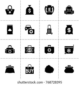 Bag icons. vector collection filled bag icons. includes symbols such as car first aid kit, garbage stock, luggage, money case, wallet. use for web, mobile and ui design.