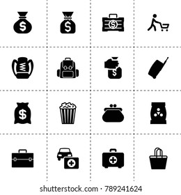 Bag icons. vector collection filled bag icons. includes symbols such as fertilizer, holding money sack, car first aid kit, case, money sack. use for web, mobile and ui design.