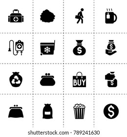 Bag icons. vector collection filled bag icons. includes symbols such as bag, holding money sack, money sack on hand, garbage, popcorn. use for web, mobile and ui design.