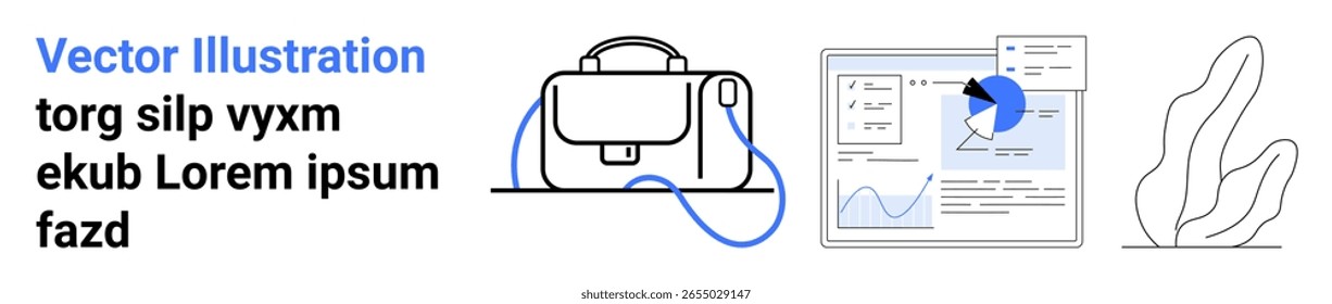 Bag indicating professionalism, analytics dashboard representing data analysis, and abstract nature element. Ideal for business, corporate, education, marketing, finance, tech, and sustainability