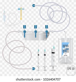 Bag Of Intravenous Antibiotics And Plastic Infusion Set. System For Intravenous Infusions With A Converting Device.  Tube And Blood Collection Set. Vector