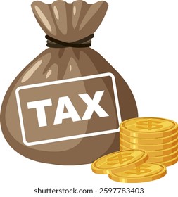 A bag labeled tax with stacked coins