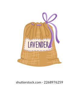 Bolsa de sobres aislados de lavanda con flores secas para aromatización y cosméticos artesanales. Sobre vectorial con nudo morado, bolsa de fragancia esencial