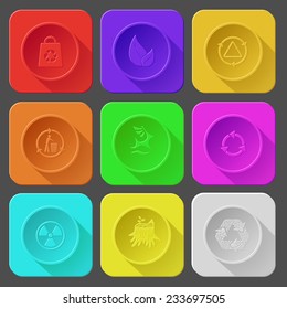 bag, leaf, recycling bin, deer, radiation symbol, stub, recycle symbol. Color set vector icons.