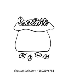 A bag of leaves. Vector illustration on the theme of cleaning autumn leaves, black outline, silhouette on a white background.