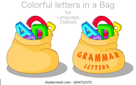 Bag of letters for language lessons. Cartoon grammar class icon. Colorful toy letters green, blue red yellow abc in sack. Latin, english, spanish,  german course. School education illustration Vector