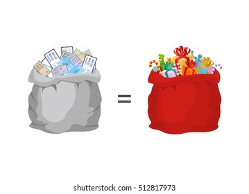 Bag with letters to Santa Claus and red big sack with gifts. Illustration for Christmas and New Year. Present in exchange for message
