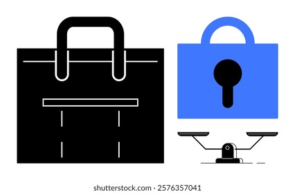 Bag, lock, and scale in minimalist style. Ideal for business, security, privacy, balance, and finance themes. Utilizes black white and blue colours. Emphasizes protection and equilibrium concepts