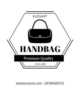 Bag logo. Premium quality handbag. Stylish accessory boutique marketing. Black silhouette brand emblem design. Fashionable pouch. Geometric hexagon frame. Elegant clutch. Vector shopping symbol set