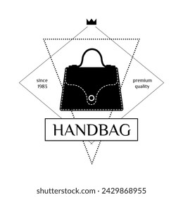 Bag logo. Premium quality handbag. Stylish accessory boutique marketing. Black silhouette brand emblem design. Fashionable tote pouch. Geometric triangle frame. Elegant clutch. Vector shopping symbol