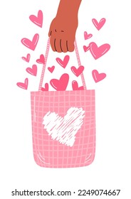 Bag with love. Hand holds a bag with hearts. Happy Valentine's day card. Long awaited purchase