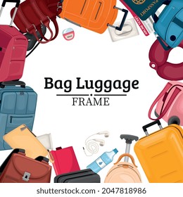 Bag luggage frame background with plastic suitcases travel bags and touristic items flat vector illustration