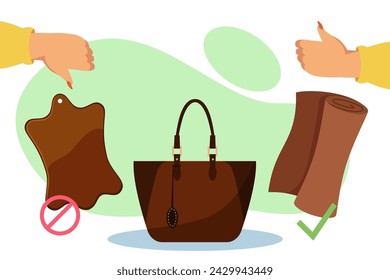 Bag made of artificial leather vector illustration. Sample of natural leather with thumb down and eco leather with thumb up. Preferences to eco friendly analogues instead of natural leather