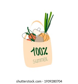 bolsa de algodón con verduras frescas y la inscripción 100 por ciento verano