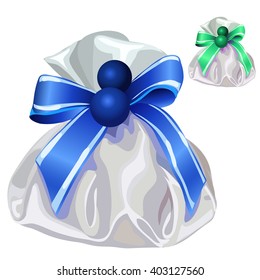 The bag is made of soft satin fabric tied with a bright ribbon, isolated on white background. Vector cartoon illustration closeup.