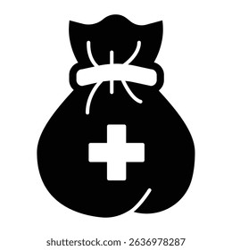 Bag and medical cross solid icon, charity concept. Vector graphics. Cloth sack with cross, donation sign on white background, style mobile or design