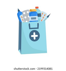 Bag For Medical Pills And Bottles, Healthcare And Shopping, Pharmacy, Drug Store. Delivery. Vector Illustration In Flat Style