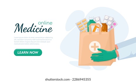 Bag with medicines. Character in medical gown and gloves holds out pills and sprays to treat diseases. Advertising poster or banner for online pharmacy. Cartoon flat vector illustration