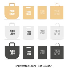 Bag mockup with typography design. Template of white, black and beige bags for your print. Vector illustration isolated on white background.