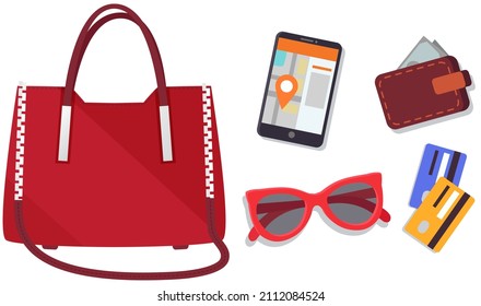 Bag of modern woman with its contents stylish sunglasses, smartphone, wallet with money and bank cards. Contents of ladies fashionable trendy handbag, accessories for businesswoman isolated on white