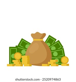 Bag with money, banknotes, money, coins, bills. Simple flat vector illustration.