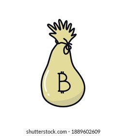 Bag money canvas sack doodle logo icon sign Bitcoin internet crypto currency coin symbol emblem Hand drawn sketch Cartoon abstract style Fashion print clothes apparel greeting card cover flyer poster