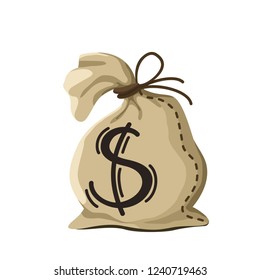 Bag of money in cartoon style on a white background. Dollar sign, illustration on the theme of finance.