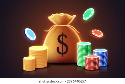 Bag of money, casino jackpot, winning gold coins. Vector illustration