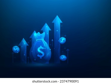 bag money and coin with graph growth digital technology. Income, profits and investment returns. trade arrow up. Bank finance and funds. vector illustration low poly fantastic design. 