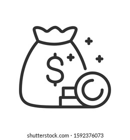 bag of money and coin, win, linear icon. Editable stroke