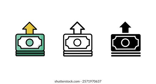 A bag of money and coins with an arrow showing a rise icon. Wealth and prosperity symbol. Dollar bag sign. Profit, financial increase, earning picogram. Color illustration.