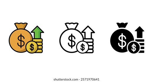 A bag of money and coins with an arrow showing a rise icon. Wealth and prosperity symbol. Dollar bag sign. Profit, financial increase, earning picogram. Color illustration.