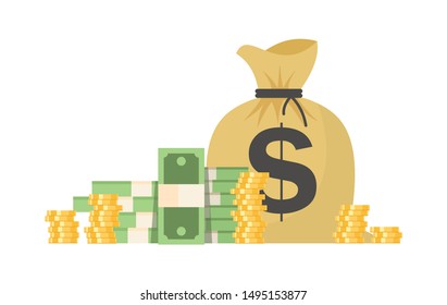 Bag of money and coins in a flat style. Vector graphics