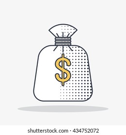 Bag with money. Conceptual image of financial objects. Lines icon. Objects isolated on background. Flat and cartoon vector illustration.