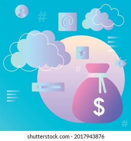 Eine Tasche Geld mit einem Dollar. Eine helle Komposition mit Elementen und Wolken. Es symbolisiert den Erfolg in Wirtschaft und Handel. Für die Gestaltung von Materialien, Infografiken, sozialen Netzwerken und Bannern