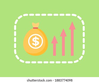 Bag of money with dollar print, and arrows of different size growing upward. Vector sack with profit and investment growth in dotted frame on green
