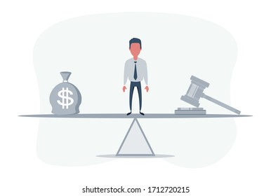 Bag of money with a dollar sign and a judge's hammer on the scales. Concept lobbying for the adoption of a law or a norms, corruption. Payment of fines and penalties. award of compensation for damage