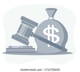 Bag of money with a dollar sign and a judge's hammer. Concept lobbying for the adoption of a law or a norms, corruption. Payment of fines and penalties. award of compensation for damage. Vector.